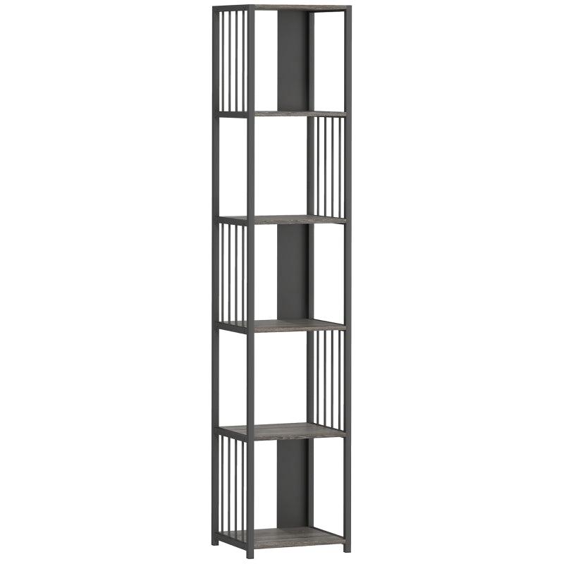 5-Tier Grey Bookshelf with Durable Steel Frame - Modern Storage Solution for Home or Office