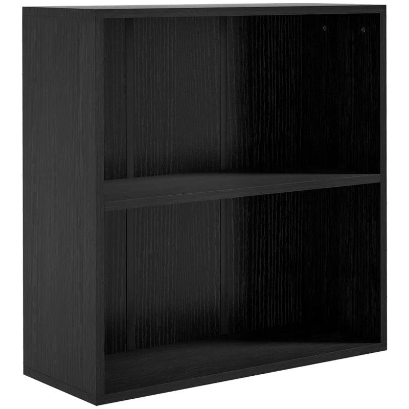 Adjustable 2-Tier Bookshelf - Low Black Bookcase with 2 Compartments for Home Office, Living Room & Study