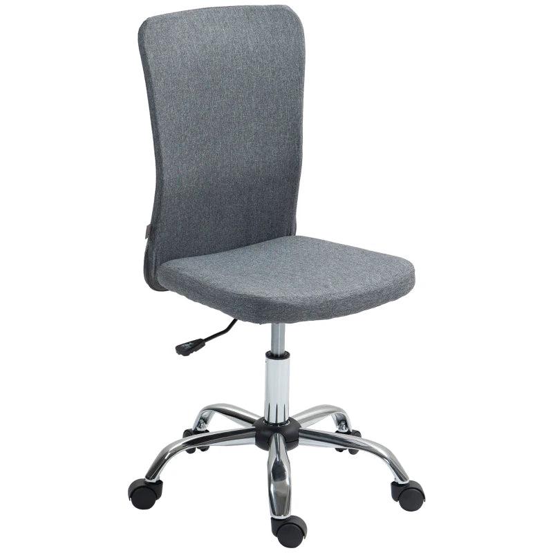 Armless Grey Fabric Swivel Office Chair - Height Adjustable Makeup Vanity Chair with Wheels for Home Study & Bedroom