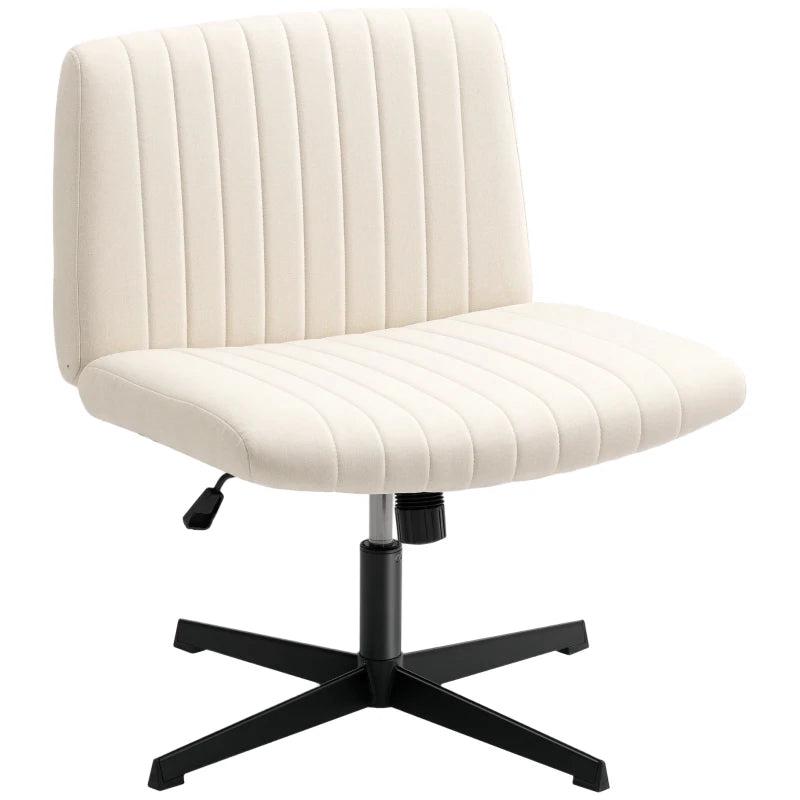 Armless Linen Fabric Office Chair - Criss Cross Legs, Wide Seat, Thick Padding, Adjustable Height, Cream - No Wheels