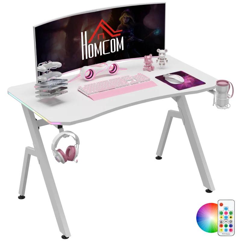 RGB Gaming Desk 120x66cm - Carbon Fibre Computer Table with Headphone Hook, Cup Holder & Controller Rack - White Home Office