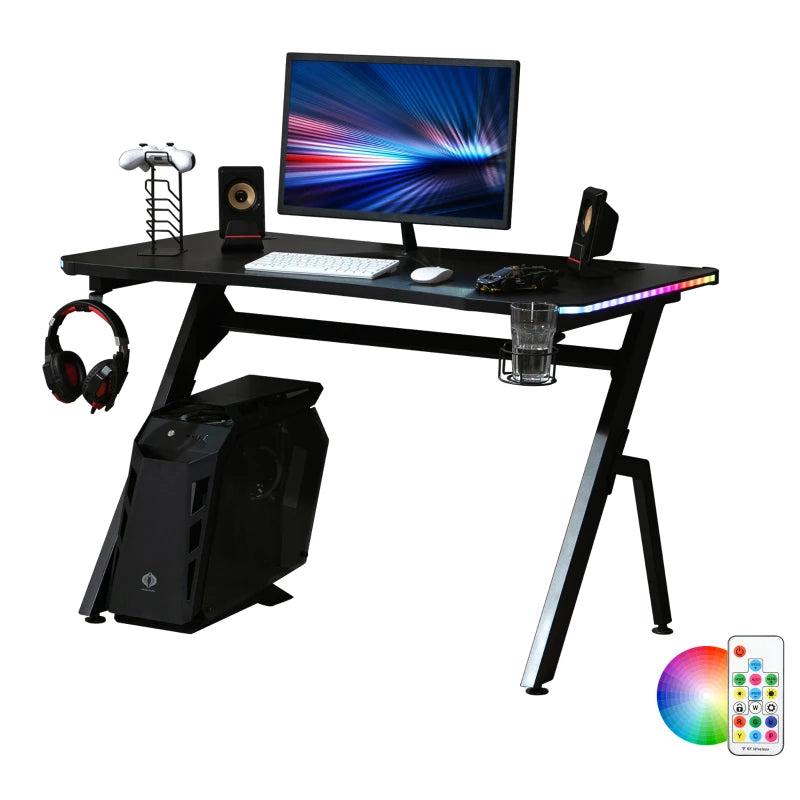 RGB Gaming Desk 120x66cm - Carbon Fibre Surface, Headphone Hook, Cup Holder & Controller Rack - Black Home Office Table