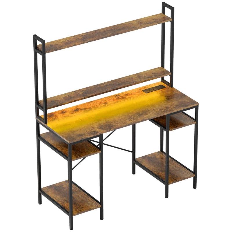 Rustic Brown Computer Desk with Power Outlets & LED Lights, Home Office Study Table, Monitor Stand & Storage Shelves