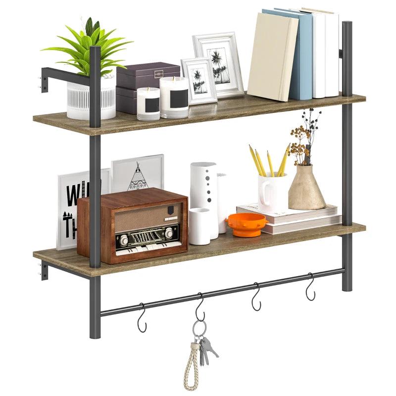 Rustic Wall Mounted Floating Shelves with 4 Hooks - Stylish Grey Shelf Unit for Living Room & Entryway Decor