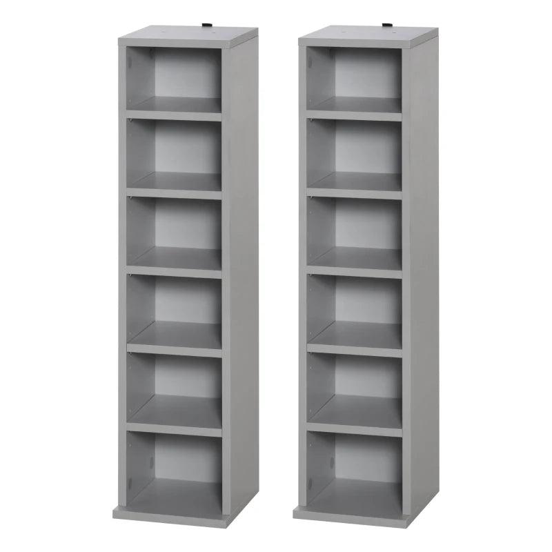 Set of 2 Grey CD Media Display Shelves - Adjustable Blu-Ray Tower Rack & Bookcase Storage Organizer