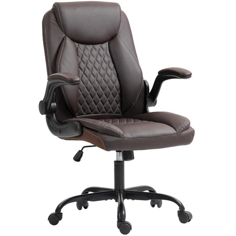 Stylish Brown Faux Leather Office Chair with Flip-Up Armrests - Ergonomic Design for Comfort and Productivity