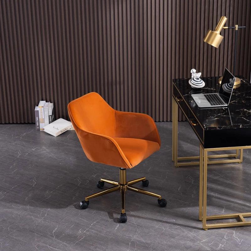 Velvet Adjustable Height Swivel Executive Office Chair with Gold Legs - Stylish Orange, 58x58x86 cm for Modern Offices
