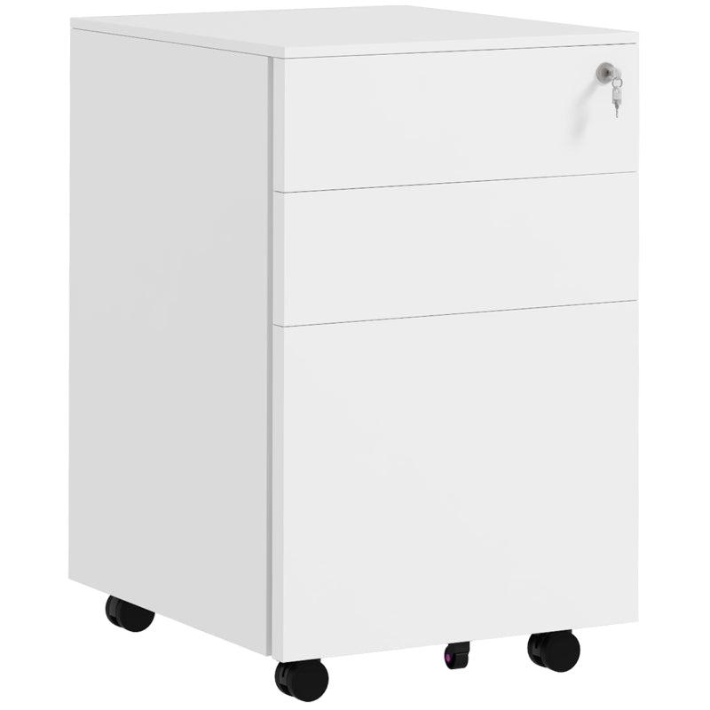 Vinsetto 3-Drawer Vertical Filing Cabinet - Mobile Steel File Cabinet with Lock, Pencil Tray & 5 Wheels, Pre-Assembled, White