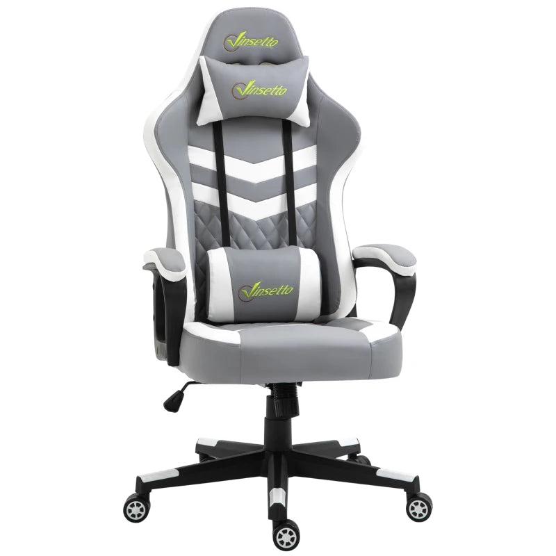 Vinsetto Gaming Chair - Ergonomic Computer Desk Chair with Lumbar Support, Faux Leather, Headrest & Swivel Wheels - Grey White