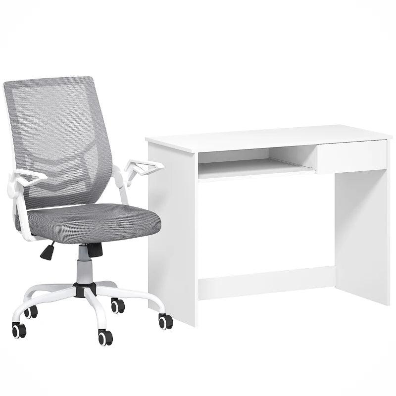 Vinsetto Home Office Chair & Desk Set - Ergonomic Mesh Chair with Flip-up Armrests, Study Desk with Keyboard Tray, White & Grey