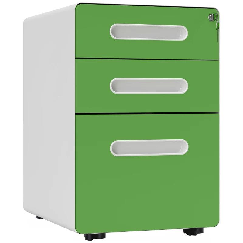 Vinsetto Lockable 3 Drawer Filing Cabinet on Wheels - Steel File Storage for A4, Letter, Legal Files - Green