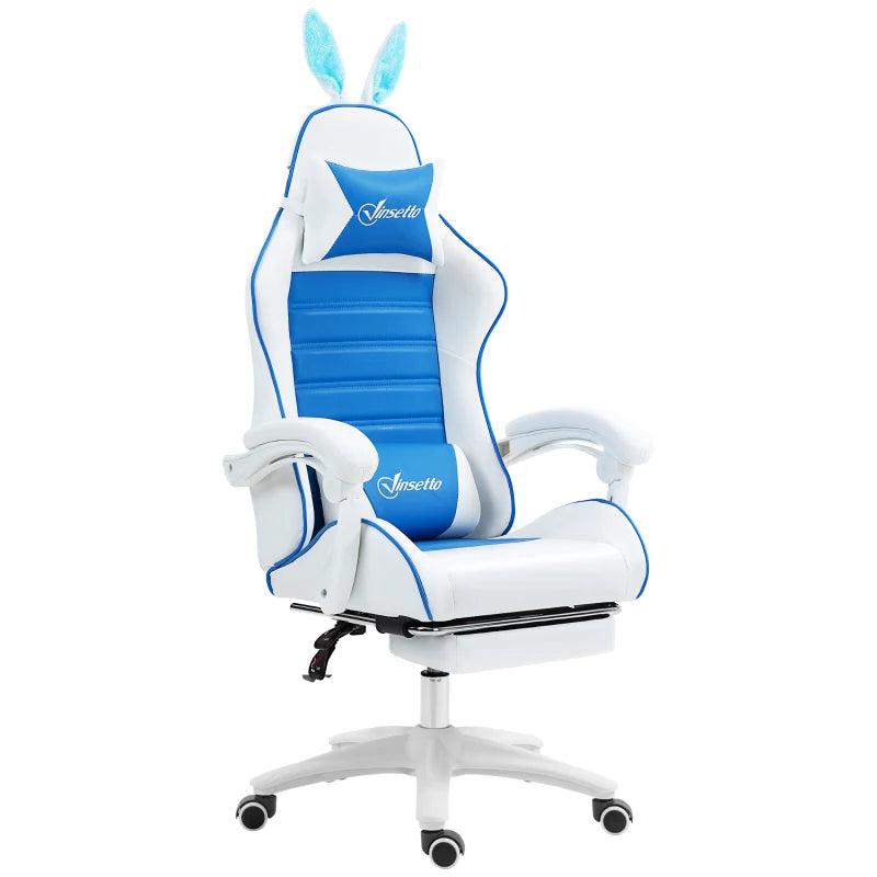 Vinsetto Racing Gaming Chair - Reclining PU Leather with Removable Rabbit Ears, Footrest & Lumbar Support - Blue