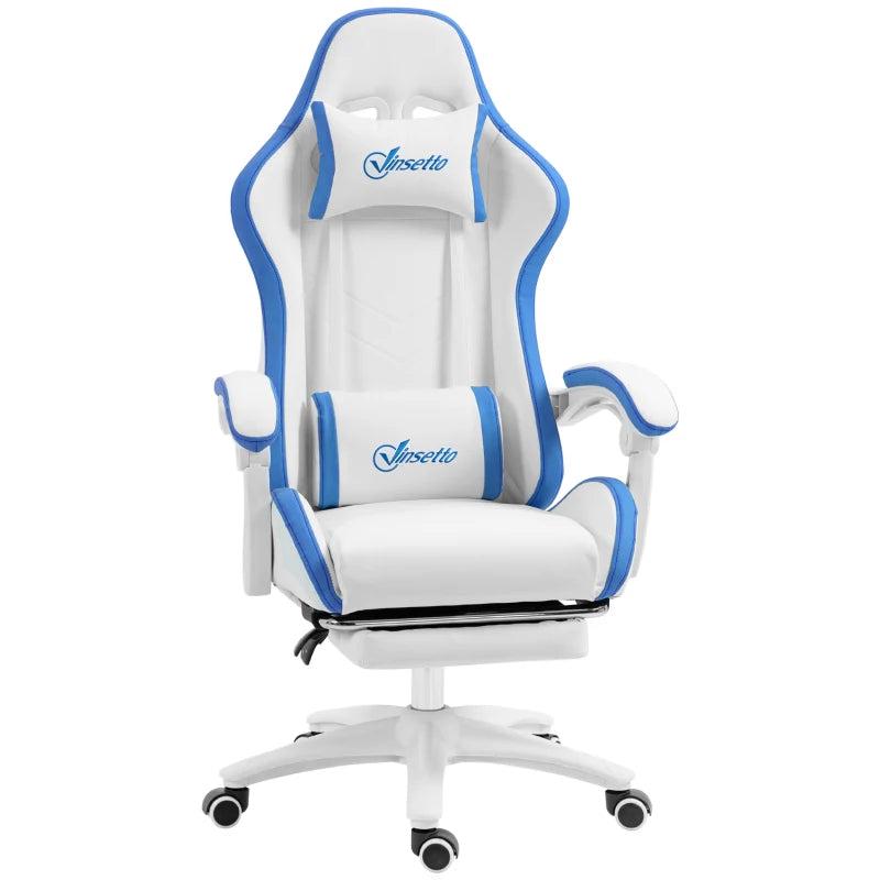 Vinsetto White and Blue Gaming Chair - PU Leather Office Desk Chair with Footrest, 135 Recline, Lumbar Support & Headrest