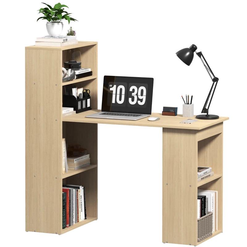 120cm Wooden Computer Desk with 6-Tier Bookshelves - Home Office Laptop Table, Study Writing Workstation in Natural Wood