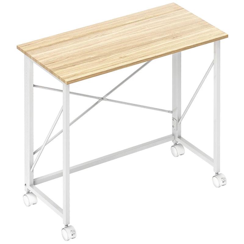 80 cm Folding Desk on Wheels - Natural Tone, Space-Saving Portable Workstation for Home Office, Study, and Crafting