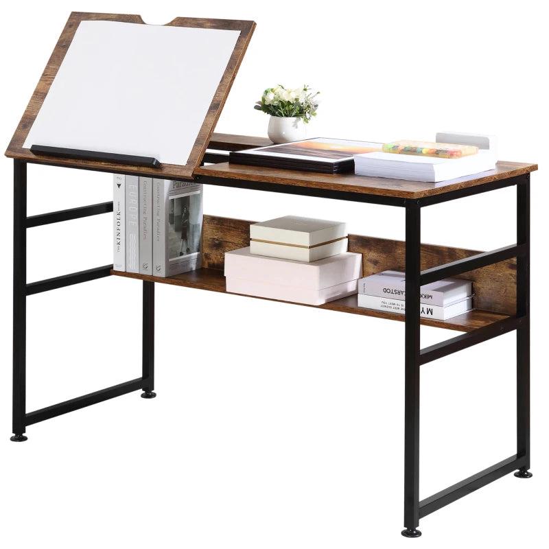 Adjustable Drafting Table Art Desk - Multifunctional Craft Workstation with 15-Level Tiltable Top & Storage Shelf - Rustic Brown
