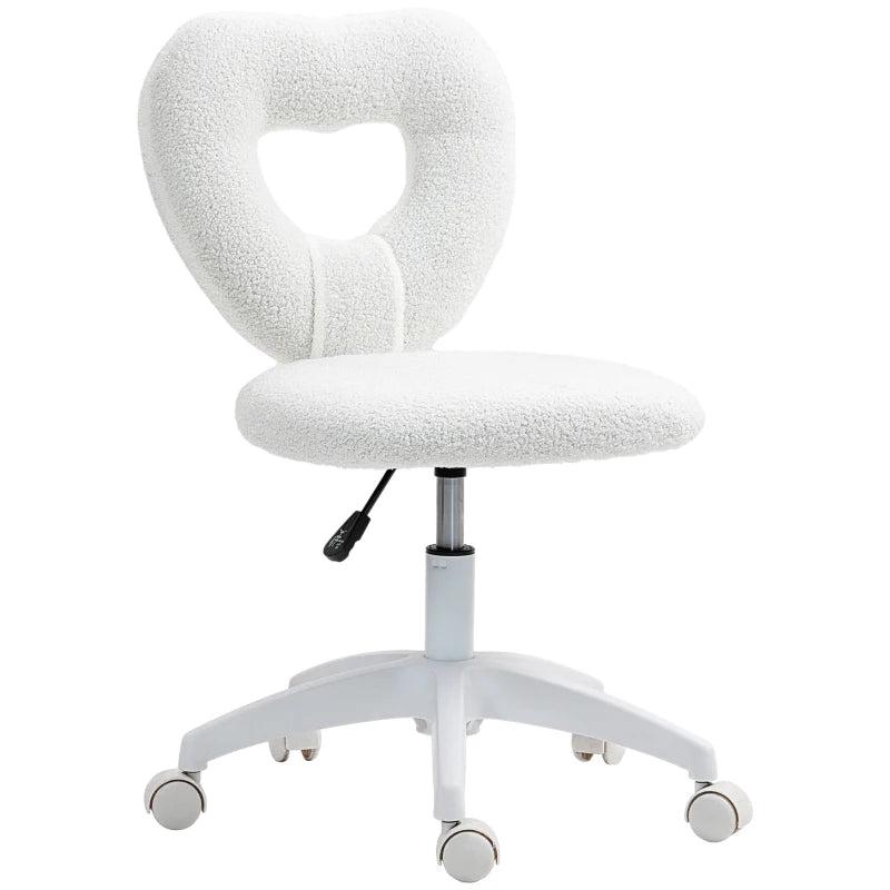 Armless Heart Computer Desk Chair - Teddy Fleece Swivel Office Chair, Adjustable Height, Wheels, Ideal for Home Study & Bedroom, White