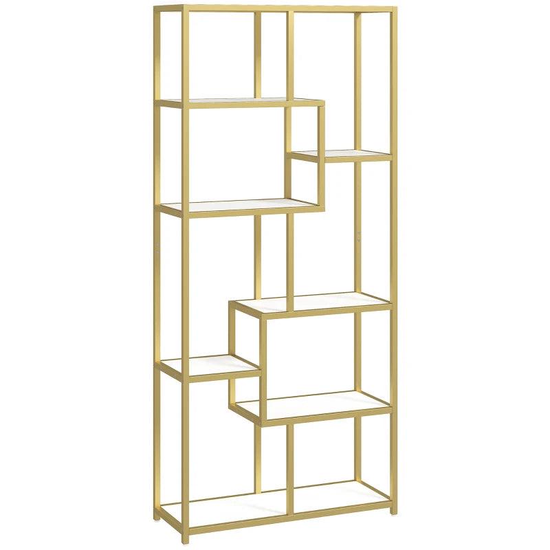 Unique Seven-Tier Geometric Bookcase in White and Gold Tone - Stylish Storage Solution for Modern Home Decor