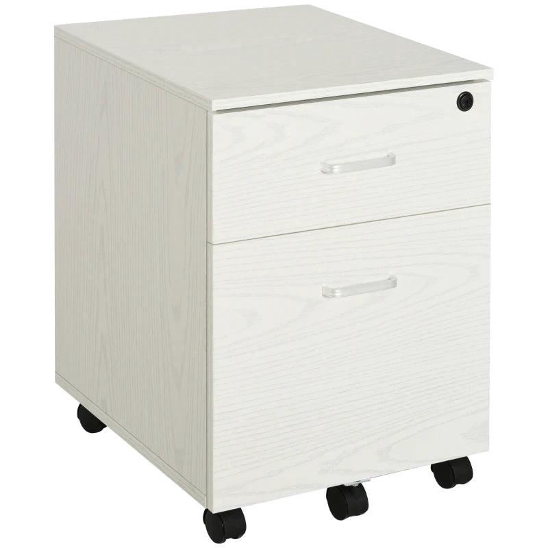 Vinsetto 2-Drawer Locking Office Filing Cabinet with Wheels - A4 Storage Cupboard for Home Organization - White Wood Grain
