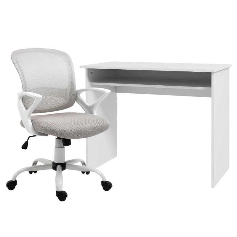 Vinsetto Home Office Chair & Computer Desk Set - Mesh Swivel Chair & High Gloss White Grey Study Desk with Storage