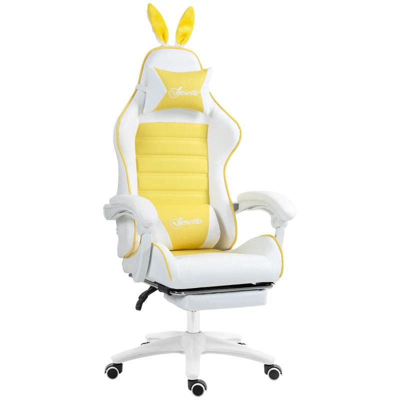 Vinsetto Yellow Reclining Racing Gaming Chair with Headrest, Lumbar Support, Footrest & Removable Rabbit Ears - PU Leather