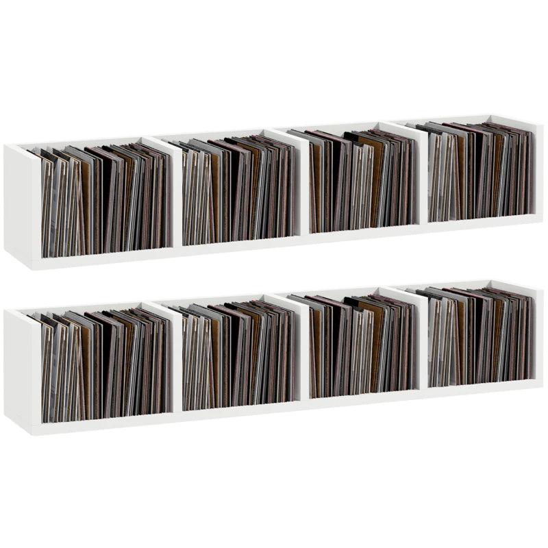 Wall Mount Media Storage Rack - 84 CD / 56 DVD/Blu-ray Organizer, 4 Cubes, Set of 2, White Wooden Shelf Unit