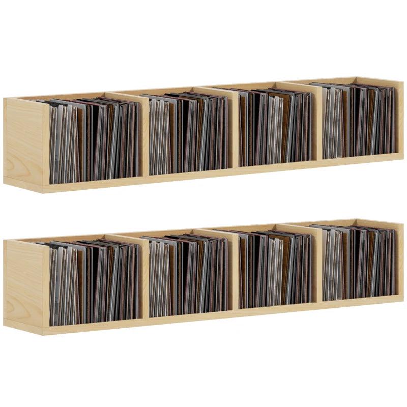 Wall Mount Media Storage Rack for 84 CDs or 56 DVDs/Blu-rays - Set of 2 Wooden Shelf Organisers in Natural Finish