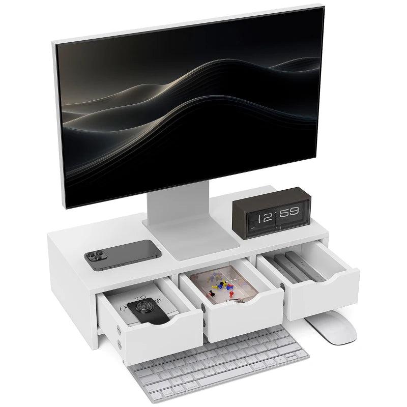 White Monitor Stand Riser with 3 Drawers - Laptop & PC Holder, 51x24x13cm, Ideal for Small Printers & Desks
