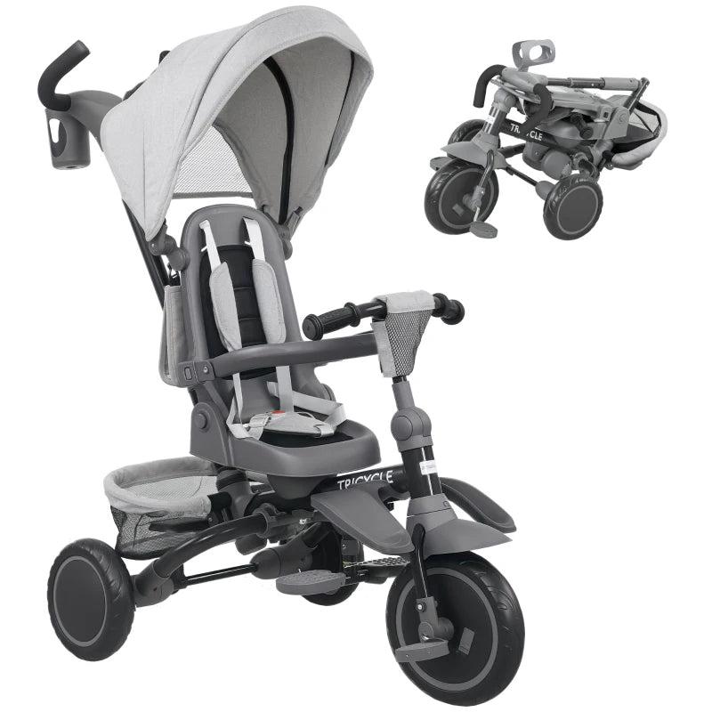 6 in 1 Foldable Kids Trike with Adjustable Parent Handle and Canopy for Ages 1 to 5 Grey