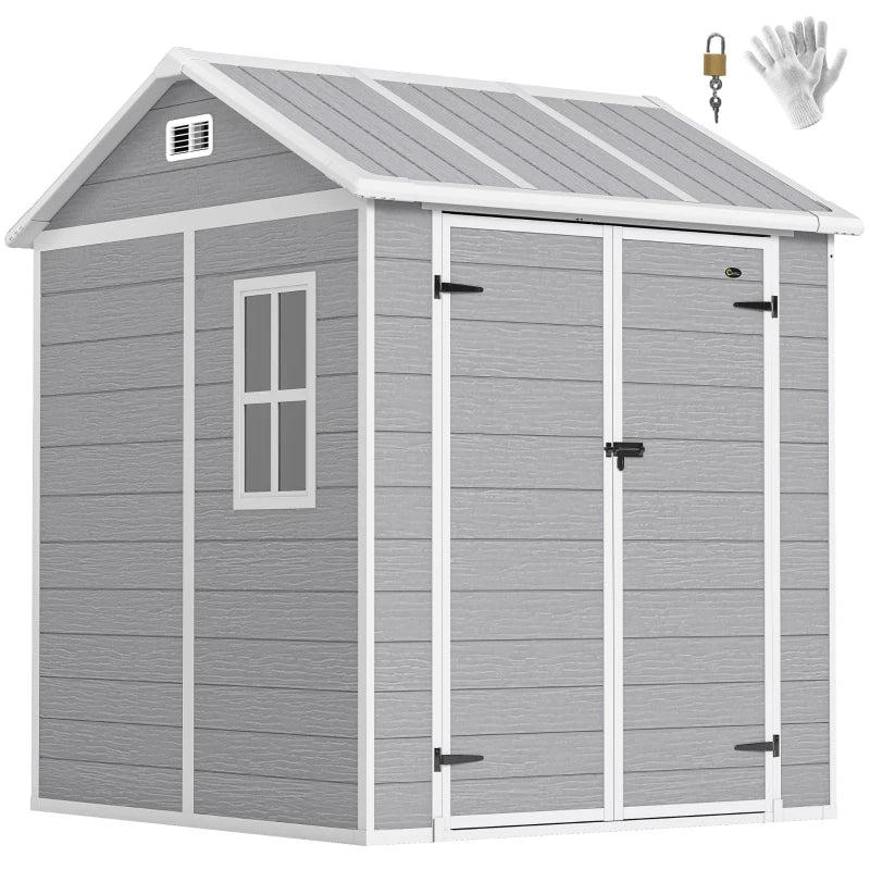 6ft x 6ft Garden Shed with Floor, Windows, Lockable Doors and Vents - Wood Effect Resin Tool Shed for Outdoor Patios