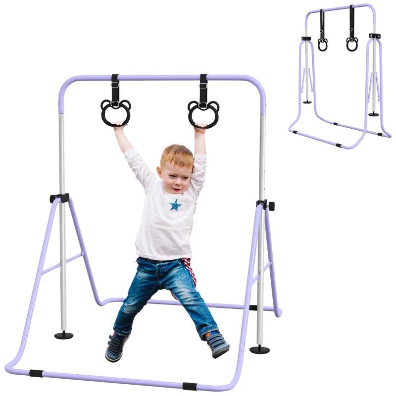 Adjustable Height Foldable Kids Gymnastics Bar with Non-slip Rubber Floor Rings for Ages 3 and Up in Purple