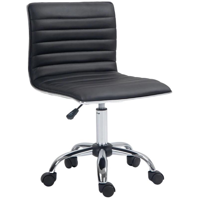 Armless Swivel Task Desk Chair with Faux Leather Adjustable Height Chrome Base and Wheels for Home Office Black