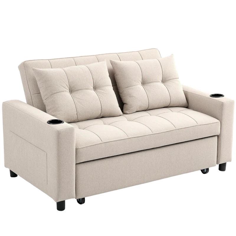 Beige Two-Seater Pull-Out Sofa Bed for Small Spaces