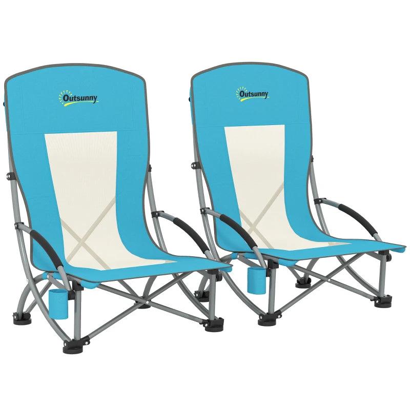 Set of 2 Low Folding Beach Chairs with Mesh Back Carry Bag and Cup Holder for Outdoor Camping Garden Picnic Travel Blue