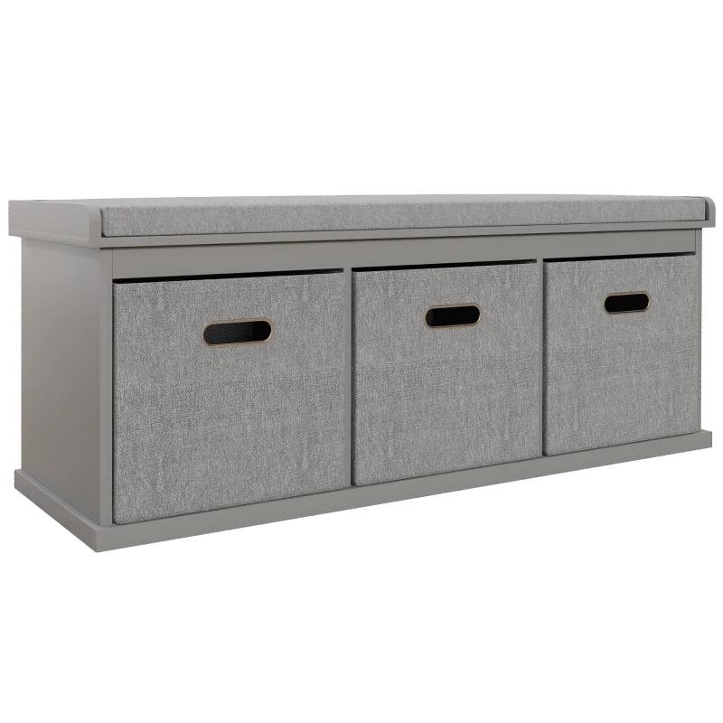 Three Drawer Shoe Storage Bench with Padded Top Seat in Grey