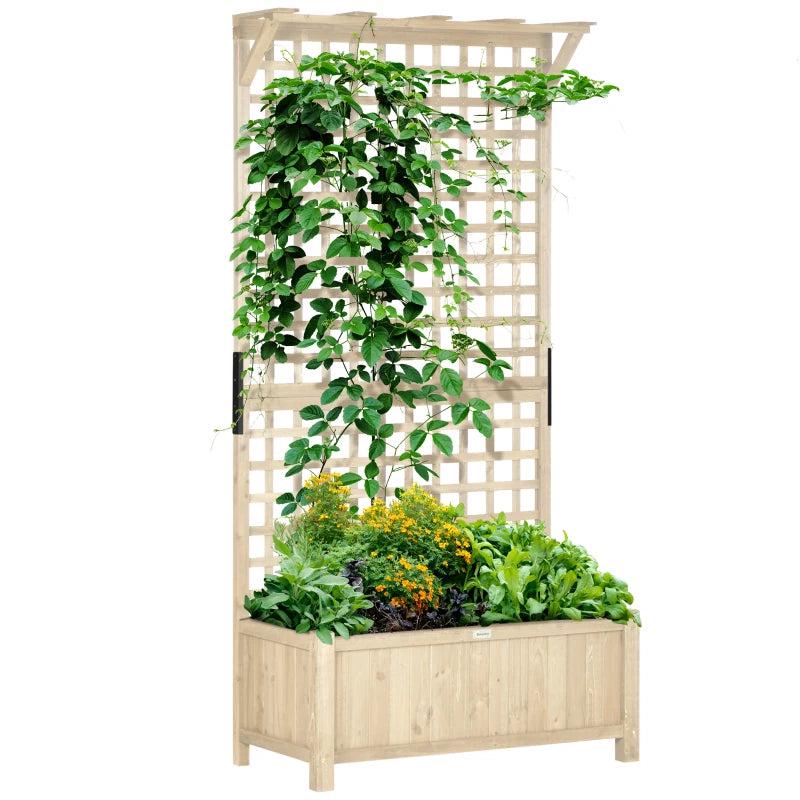 Wooden Raised Garden Bed with Trellis for Climbing Plants and Vegetables Natural Planter with Drainage Holes