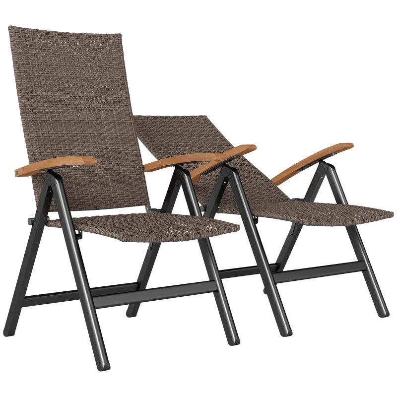 2 Piece Folding Rattan Garden Dining Chairs with Reclining High Back and Wood Armrests