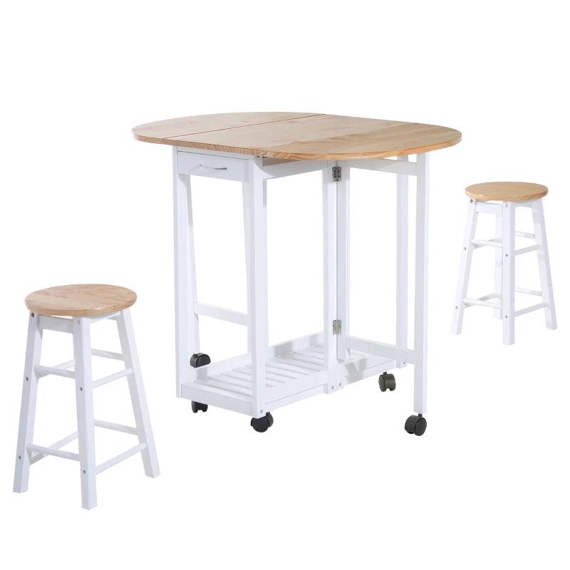 3 Piece Mobile Foldable Dining Room Set with Storage Shelf and Drawers for Home Kitchen Pub White