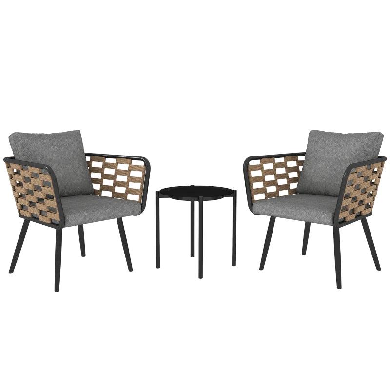 3 Piece Rattan Bistro Set with Cushions and Glass Top Table for Outdoor Patio