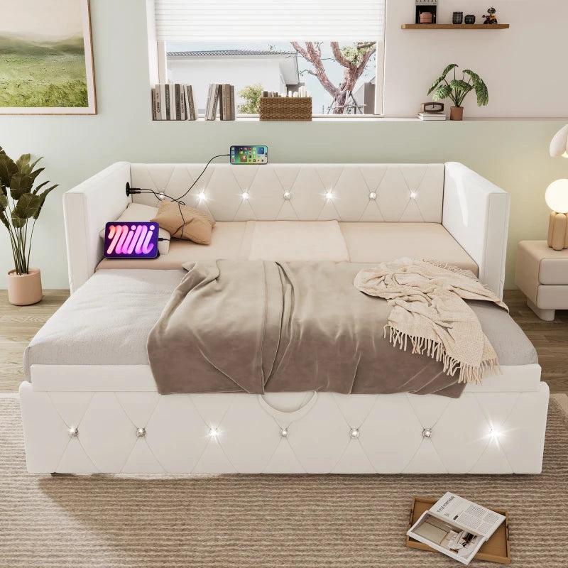 3 Seater Futon Bed with Fast Charging Ports and Removable Trundle for Overnight Guests Beige