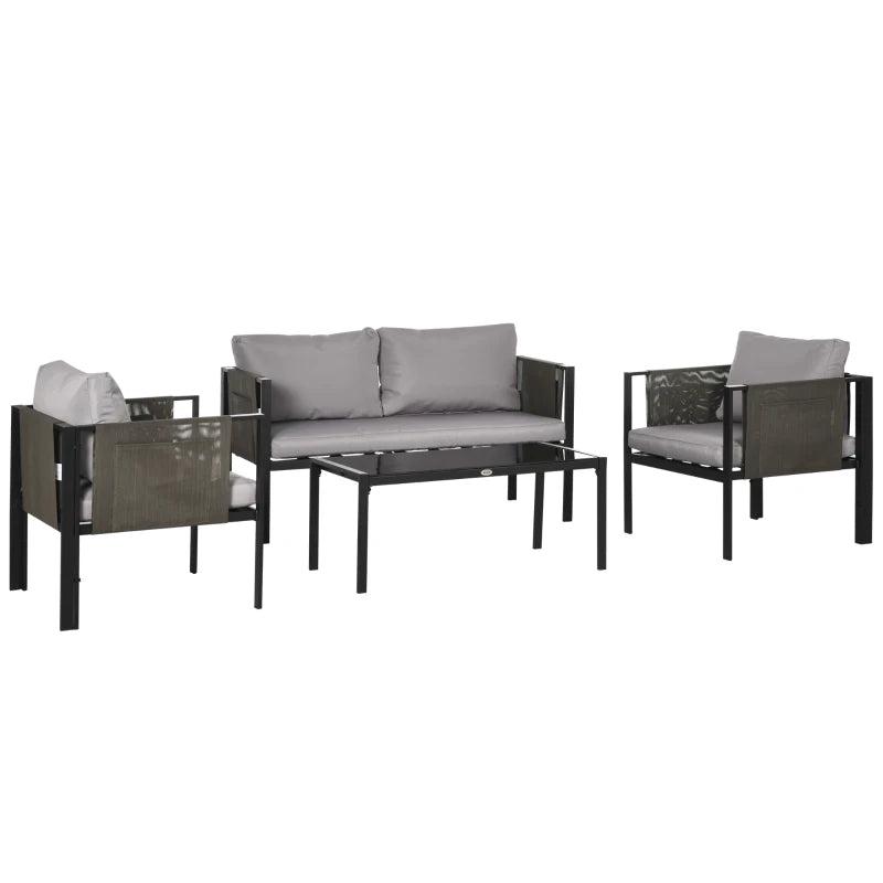 4 Piece Metal Garden Furniture Set with Glass Coffee Table and Cushions for Outdoor Relaxation