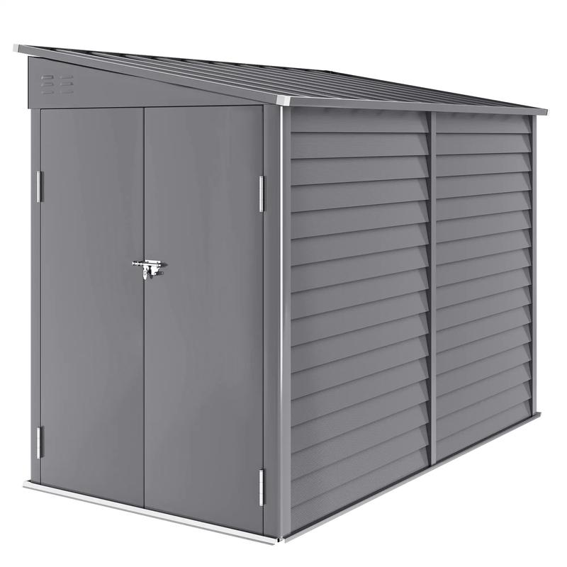 5x9ft Galvanised Metal Garden Shed with Foundation Kit  Lockable Outdoor Lean-to Storage with Vents & Gloves  Grey