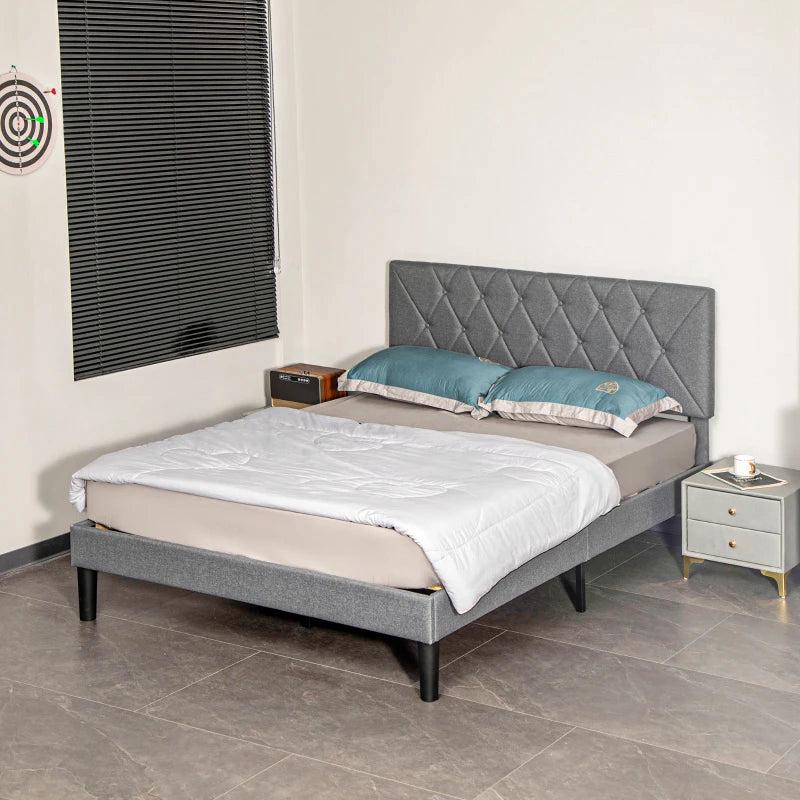 Adjustable Linen Upholstered Double Bed Frame with Stylish Headboard in Grey 145x196x120cm
