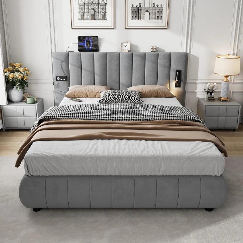 Stylish King Size Upholstered Bed with Stereo and USB Charging Ports Velvet Iron Frame Grey
