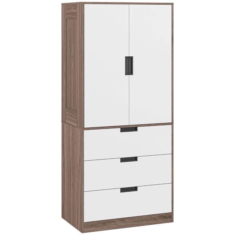Stylish Two Door Wardrobe with Drawers for Bedroom Storage in White and Brown