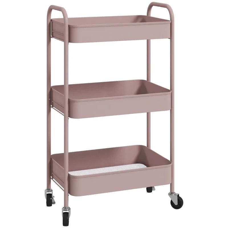 Three Tier Pink Steel Storage Trolley for Kitchen and Home Organization