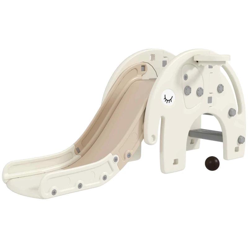 3 in 1 Toddler Slide with Basketball Hoop and Climber for Ages 1-3 Elephant Theme Cream White