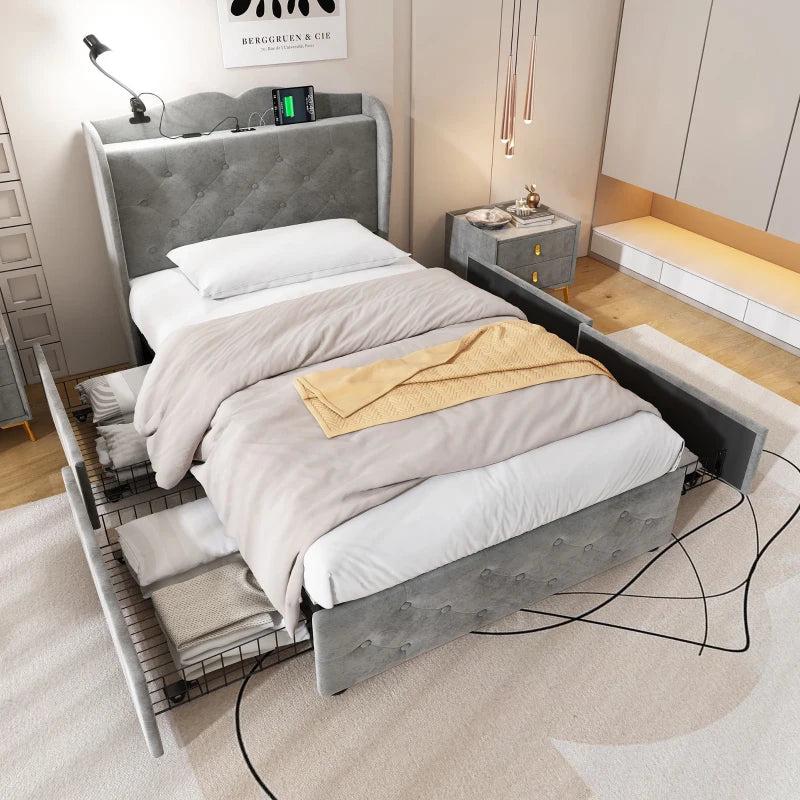 3FT Single Velvet Storage Bed with 4 Drawers, USB Ports & Table Lamp - Durable Gray Upholstered Design, 206.5L x 96.5W cm