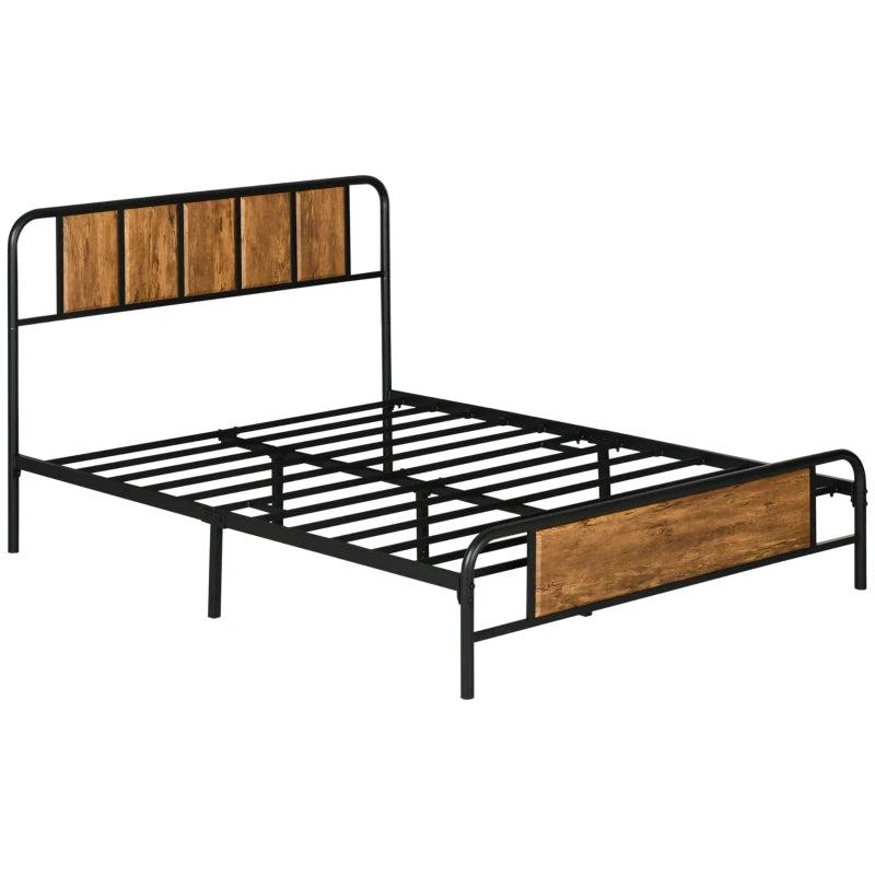 4.8ft Double Bed Frame with Industrial Wood Headboard & Steel Slat Support, 25.5cm Underbed Storage, Rustic Brown, 145x199cm