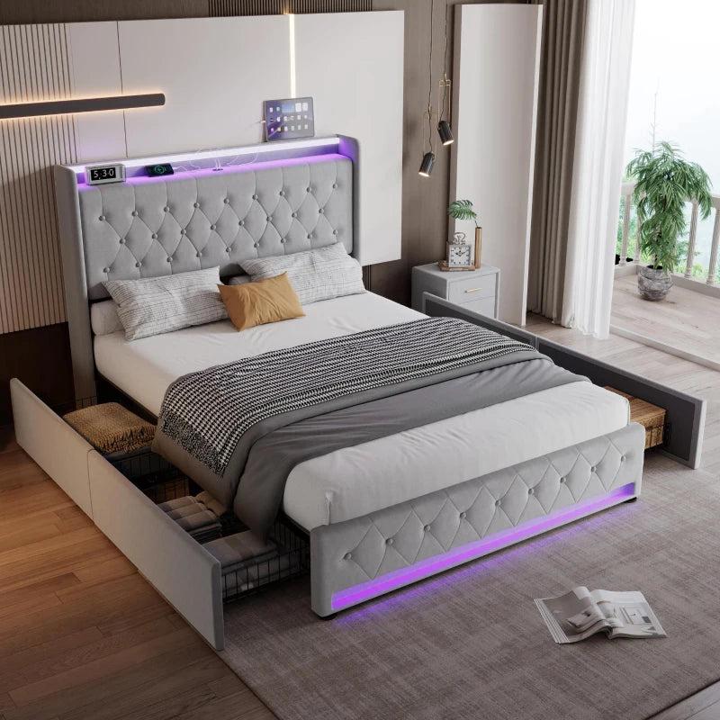 4ft6 Upholstered Double Bed with Velvet Headboard, 4 Storage Drawers, LED Lights & Charging Socket - Grey, 206L x 143W x 115H cm